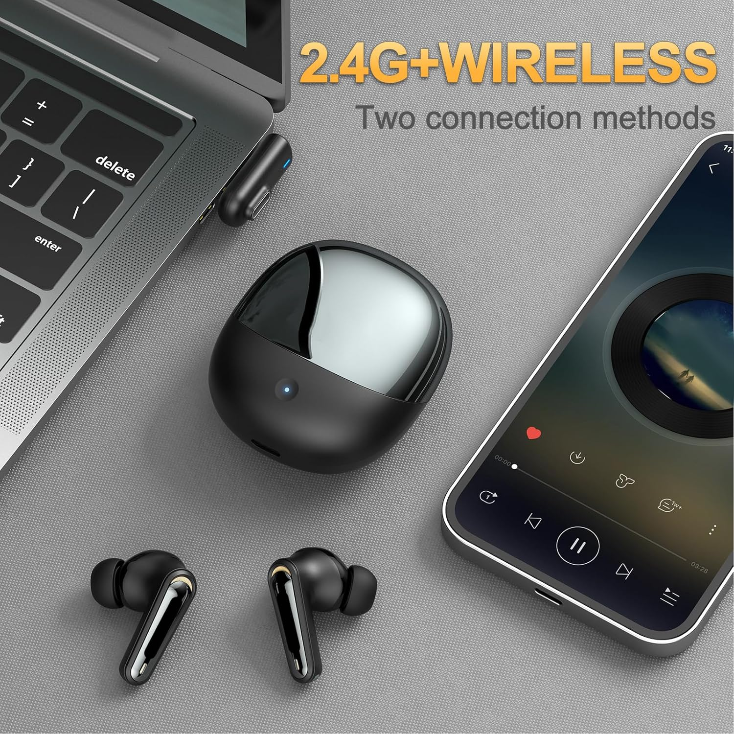 Plyisty Wireless Gaming Earbuds with ENC Mic, 2.4G Wireless/Bluetooth 5.4 Dual Mode Headphone, Low Latency, 3D Sound, for Phone, Laptop, Steam Deck, VR, PC (Black) - White image number 3