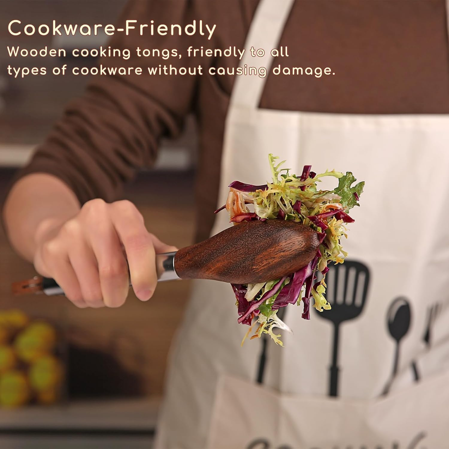 Phoselpida Kitchen Tongs Set - 9" & 12" Anti-Slip Long Wooden Cooking Tongs for BBQ, Grilling, Salad Tossing & Serving - Heat Resistant, Non-Stick Stainless Steel Handles with Hanging Hole image number 6