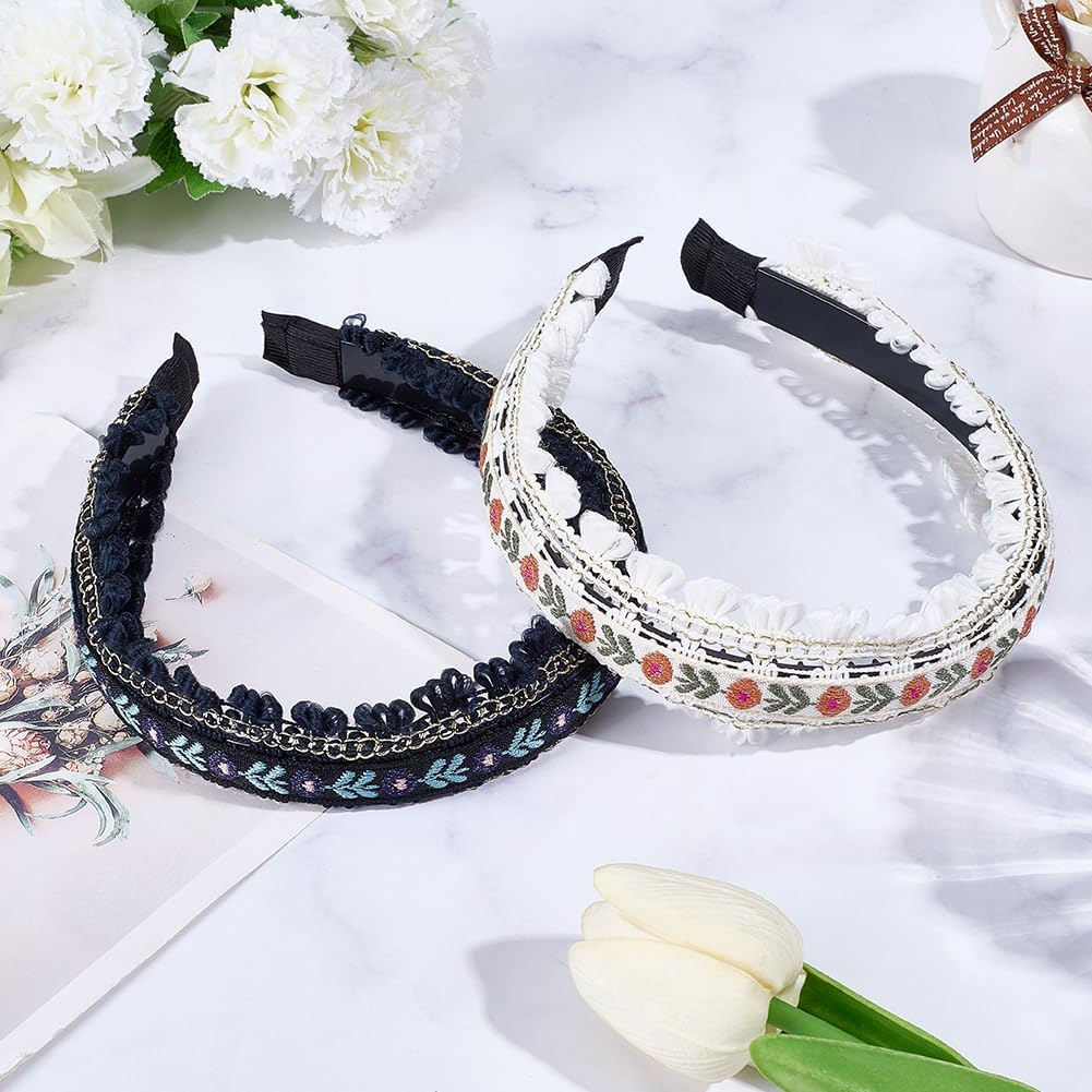 CABODYALS 2 Pieces 2 Colours Black White Trendy Ethnic Floral Embroidered Headbands Floral Boho Hair Bands Vintage Headband Set with Fringe Embroidery for Women Wedding Outfit Dress Hairstyle image number 5