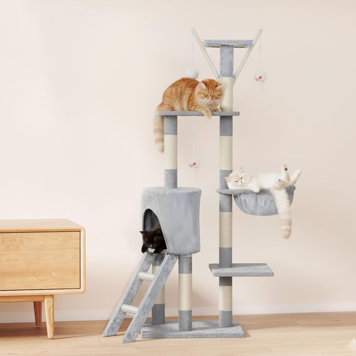 Pawz Cat Tree, 143Cm Cat Scratching Post and Pads, Multi-Level Play Tower, Cat Condo with Padded Plush, Cat Tower with Hammock for Large Cats, Cat Activity Center, Home Pet Furniture Grey