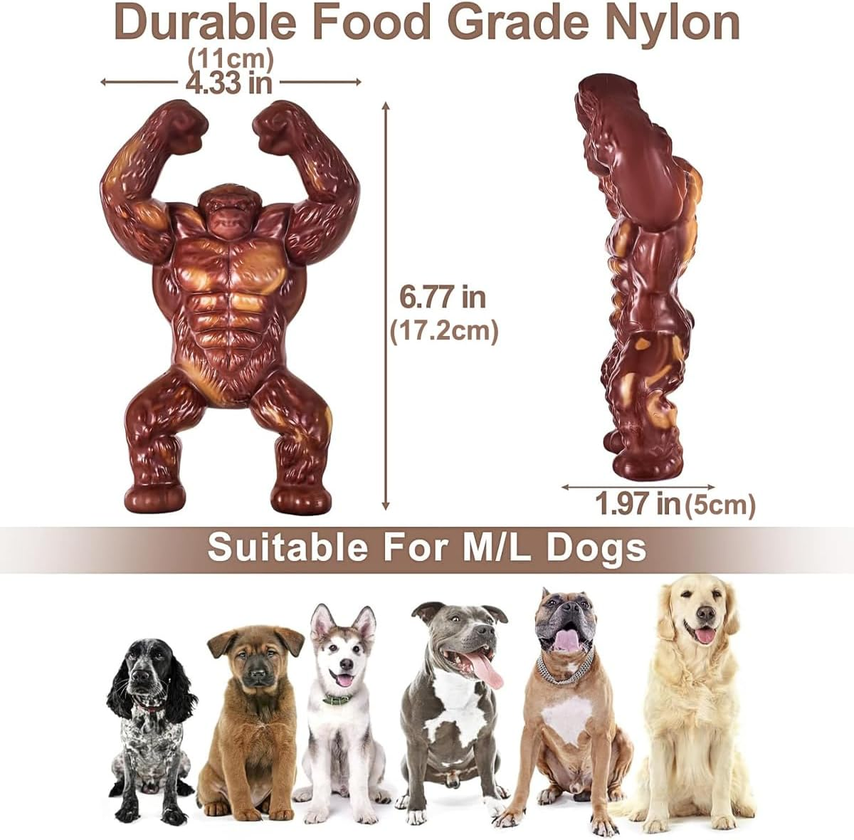 AIMALL Dog Toys for Aggressive Chewers, 6.77 Inch Durable Food-Grade Nylon Chew Toy for Medium and Large Breeds, Interactive Muscle Gorilla Shape Toy for Teething, Dental Care, Stress Relief
