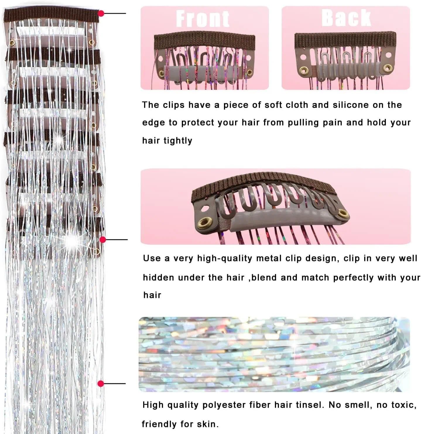 Clip-In Hair Tinsel Extensions with Glitter, 20.5 Inch Reusable Party Hair Accessories for Women, Girls, Kids of All Ages - Auroly image number 2