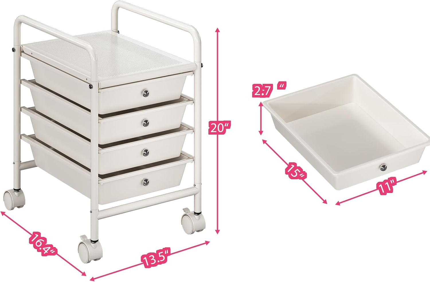 Shrivee 4-Tier Rolling Drawer Trolley with 2 Lockable Wheels, Sturdy Utility Storage Cart for Kitchen Bathroom Office, Ivory White image number 4