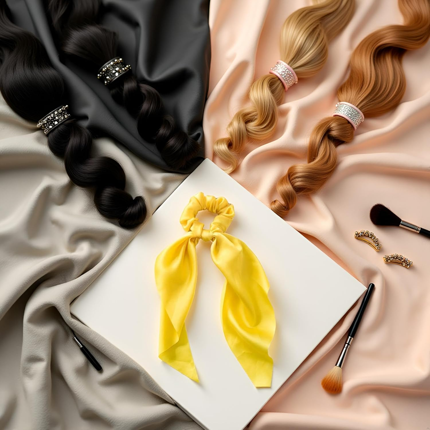 Yellow Women Girl Bow Satin Ribbon Ponytail Scarf Hair Tie Rope Scrunchies Elastic Band Hair Scrunchies Bands Hair Elastics and Ties Hair Accessories,Hair Styling Accessories,Ponytail Holders image number 3
