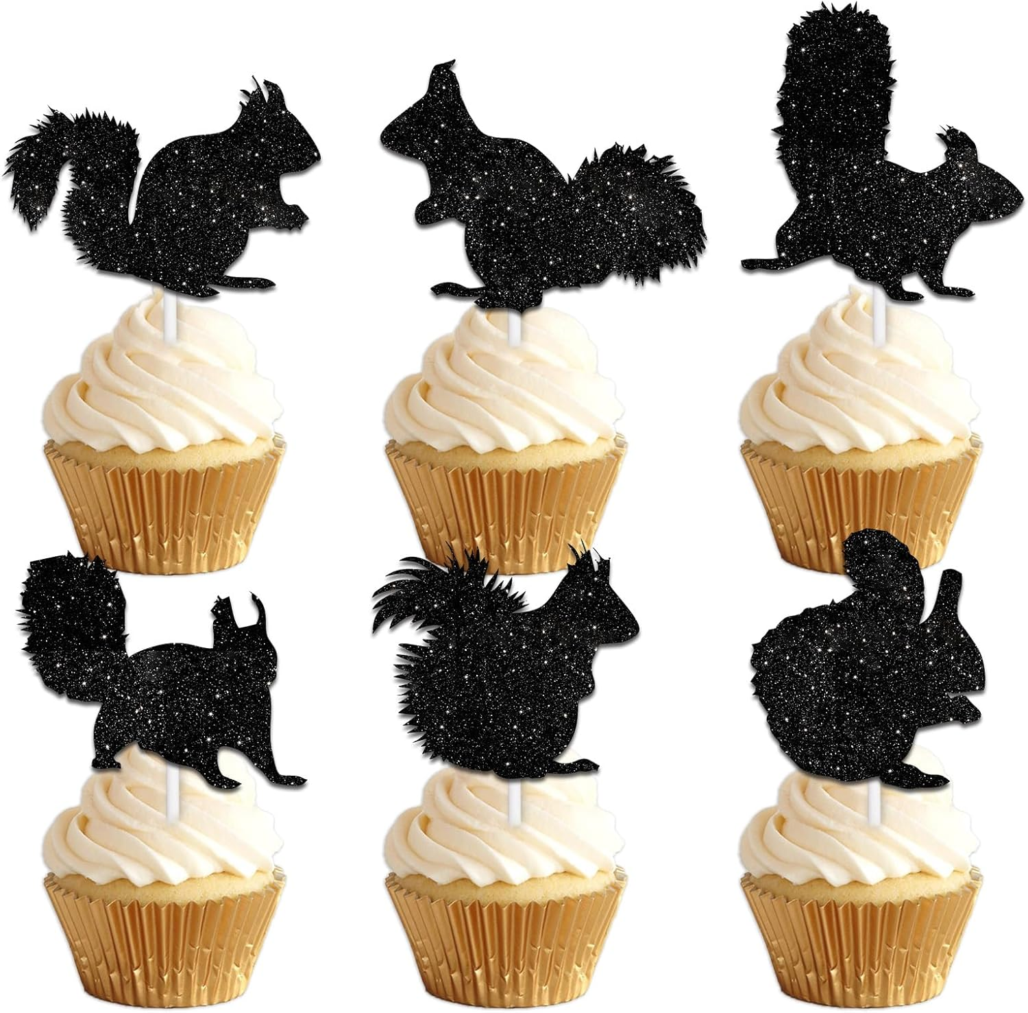 18Pcs Black Silhouette Glitter Squirrel Dessert Cupcake Topper Pick for Forest Animal Theme Decor Supplies Baby Shower Boys Girls Happy Birthday Party Decorations image number 4