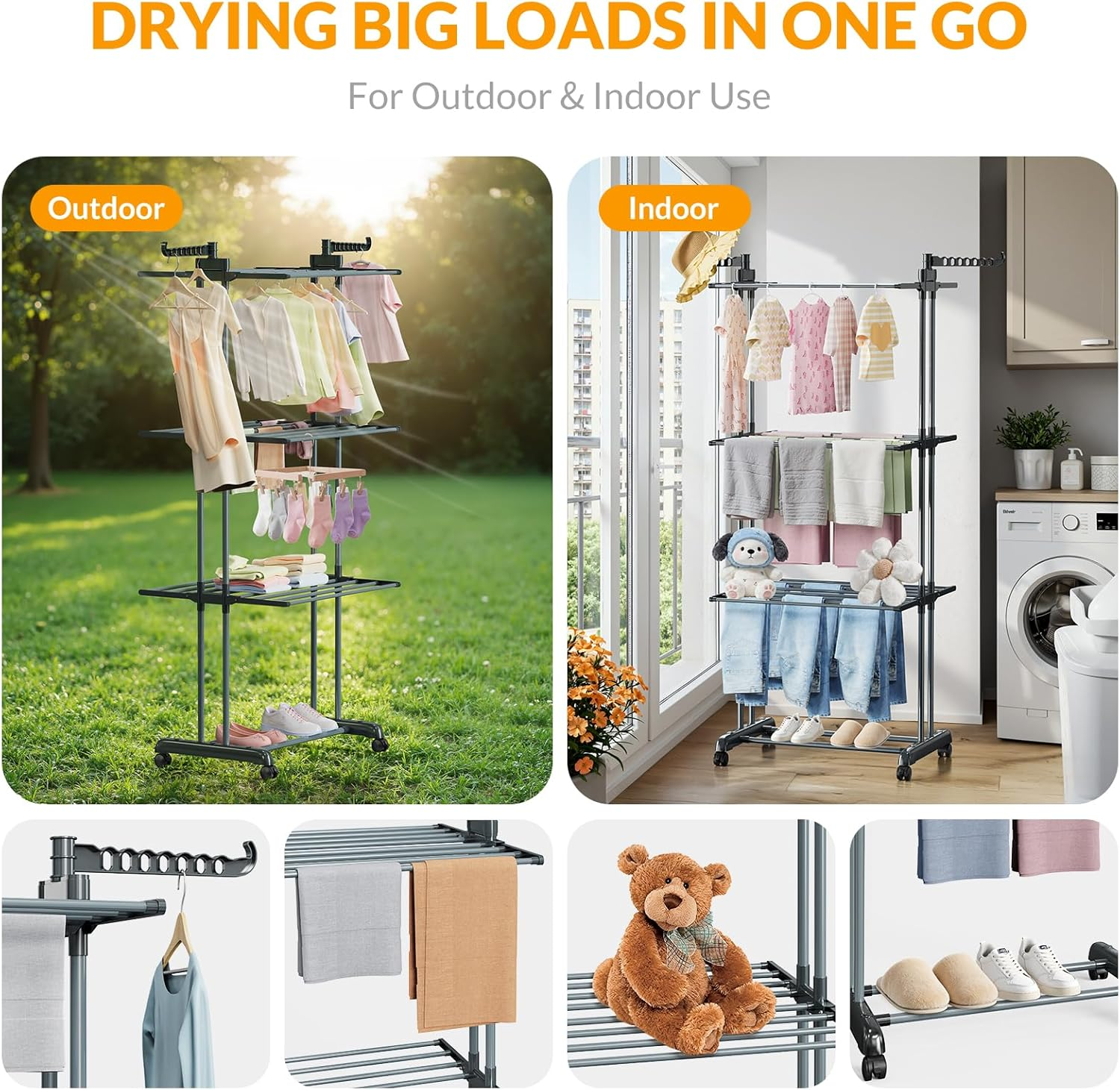 Hormes Clothes Drying Rack, Foldable 4 Tier Clothes Airer, Stainless Steel Clothes Horse with Two Side Foldable Wings, Laundry Drying Rack for Indoor & Outdoor Use, with Install-Friendly Hammer, Grey image number 5