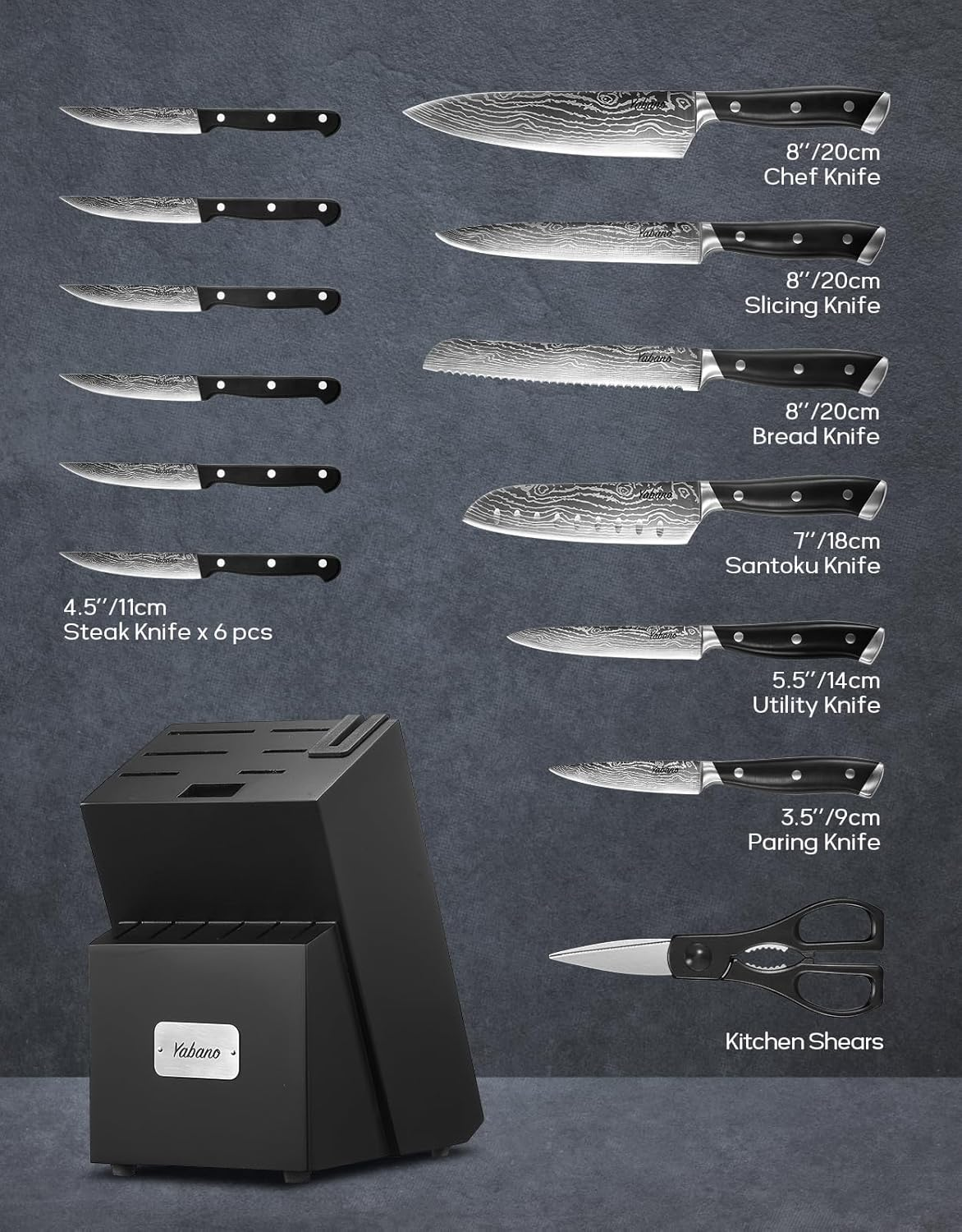 Yabano Knife Set, 14 Pieces German Stainless Steel Kitchen Knife Block Set, Kitchen Knife Block Set with Built-In Sharpener image number 3