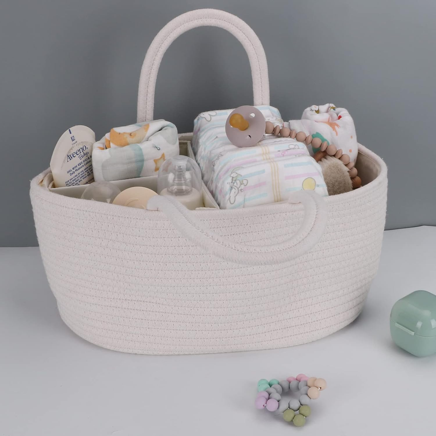 Baby Diaper Caddy Organizer for Girl Boy Cotton Rope Nursery Storage Bin Basket Portable Holder Tote Bag for Changing Table Car Travel Baby Shower Gifts Newborn Essentials Registry Must Haves White image number 2