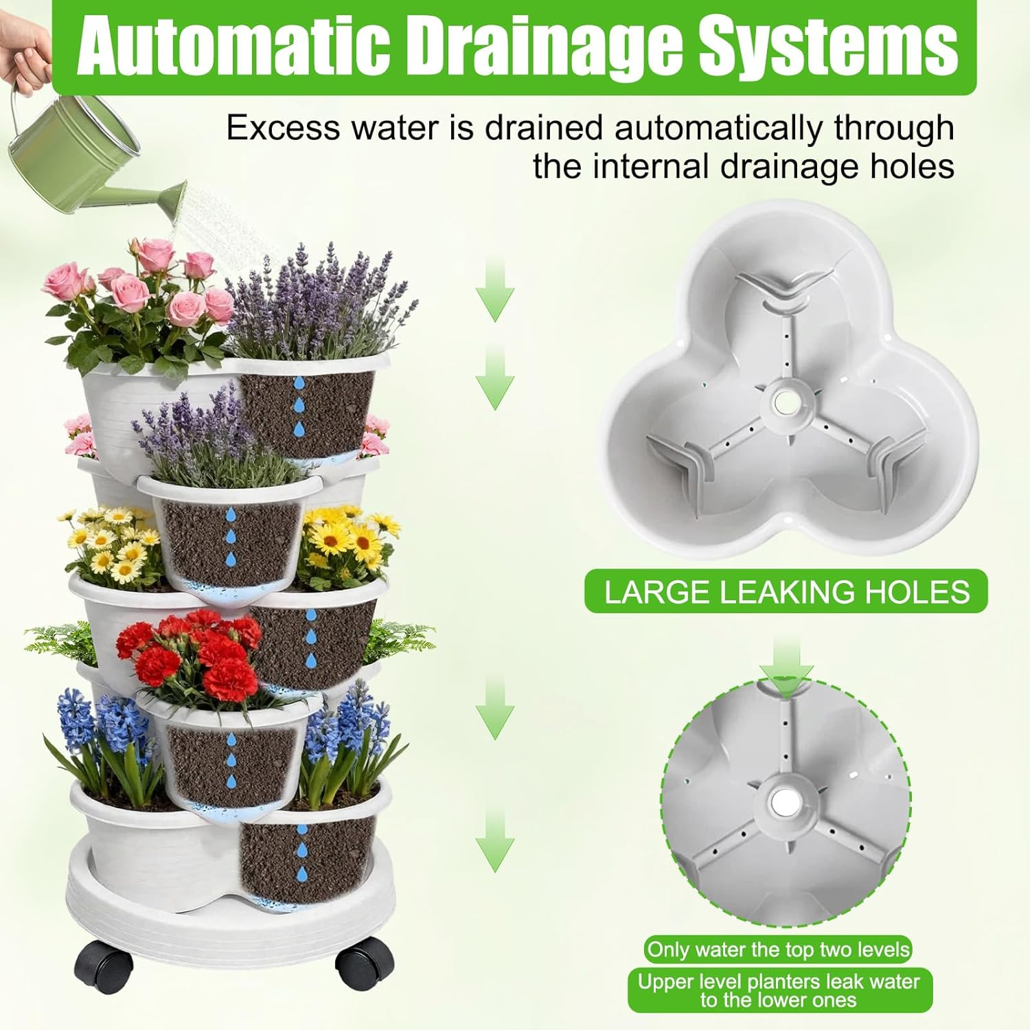 Vertical Planter, 5 Tier Stackable Planters, Indoor Outdoor Gardening Pots with Removable Wheels and Tools, Vegetable Planter for Grow Herbs, Strawberries, Flowers, Succulents image number 1