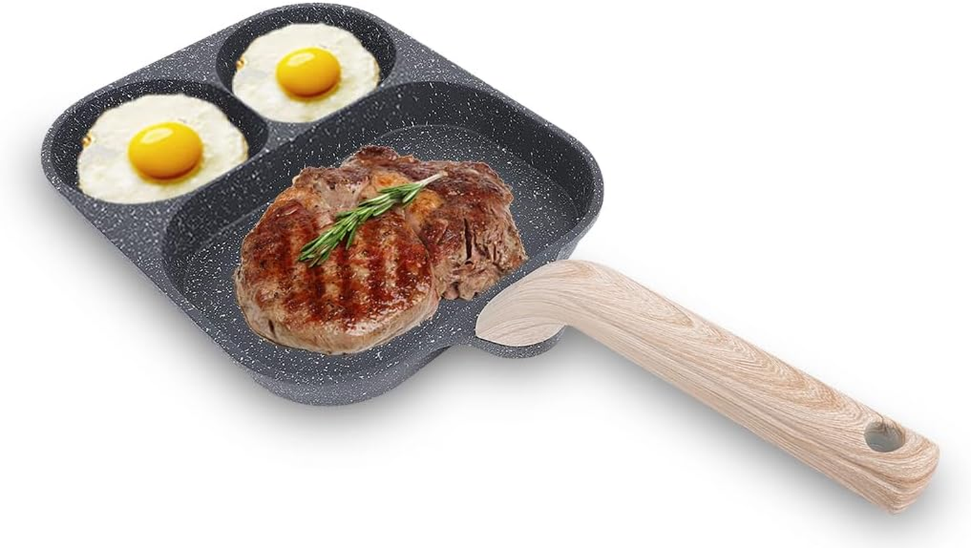 Egg Pan, Egg Frying Pan, Nonstick Fried Egg Pan, Divided Stove Top Grill Pan, 3 Section Breakfast Pan with Divider, Pancake Pan and Egg Cooker for Steak Omelette (Single Bottom)