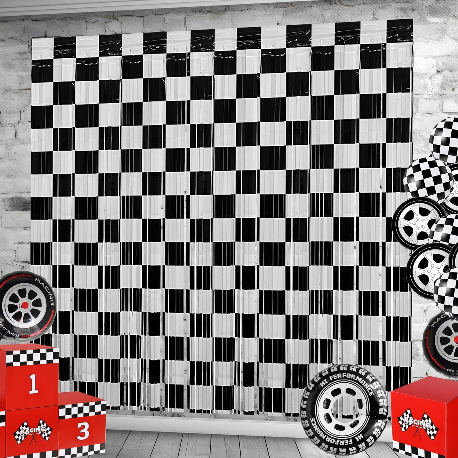 Race Car Foil Fringe Curtains Backdrop Birthday Party Decorations, 2 Pack 3.28 X 6.56 Ft Black White Foil Fringe Curtain Photo Booth Props Cars Lightning Fast Wheels One Happy Dude Party Decorations image number 1