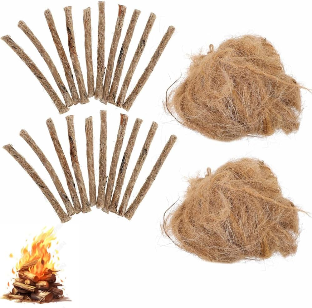 4 Packs Tinder Rope Natural Wood Fiber Tinder Fire Starter - Emergency, Survival, Campfire Tinder - Non-Toxic, Quick Fire Tab Flint and Steel for Outdoor, Backpacking, Camping, Fishing