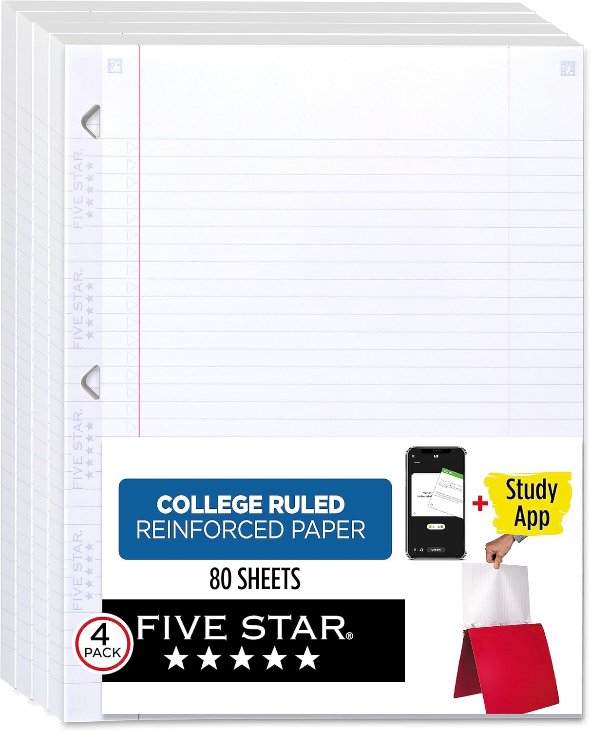 Five Star Loose Leaf Paper + Study App, 4 Pack, Notebook Paper, College Ruled Filler Paper, Reinforced, 8.5 X 11, 80 Sheets per Pack (170024-Ecm),White image number 1
