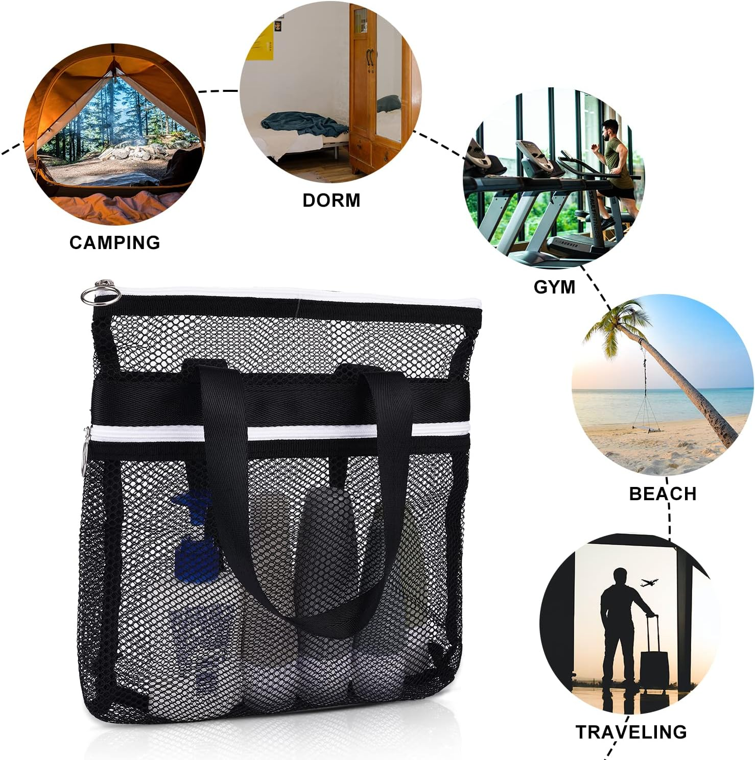 Mesh Zippered Shower Bag, Polyester Large Shower Tote Bag Portable Bath Caddy Organizer with Handle and 2 Storage Pockets Quickly Dry Shower Bag for Dorm Room Gym Camping (Black) image number 1