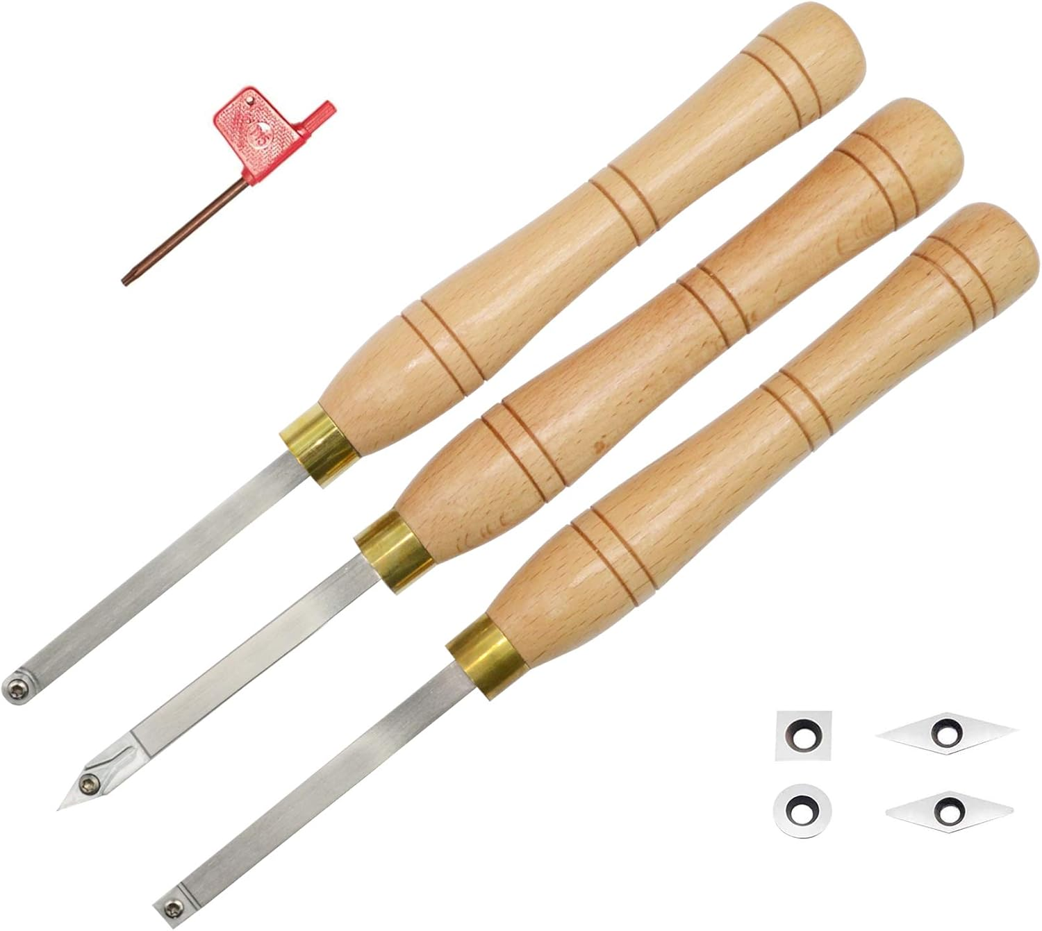 Mini Carbide Tipped Woodturning Tools DW-3 Carbide Wood Lathe Tools 3Pcs Rougher Detailer Finisher Made of Stainless Steel with Woodhandle and 4Pcs Matched Carbide Cutters