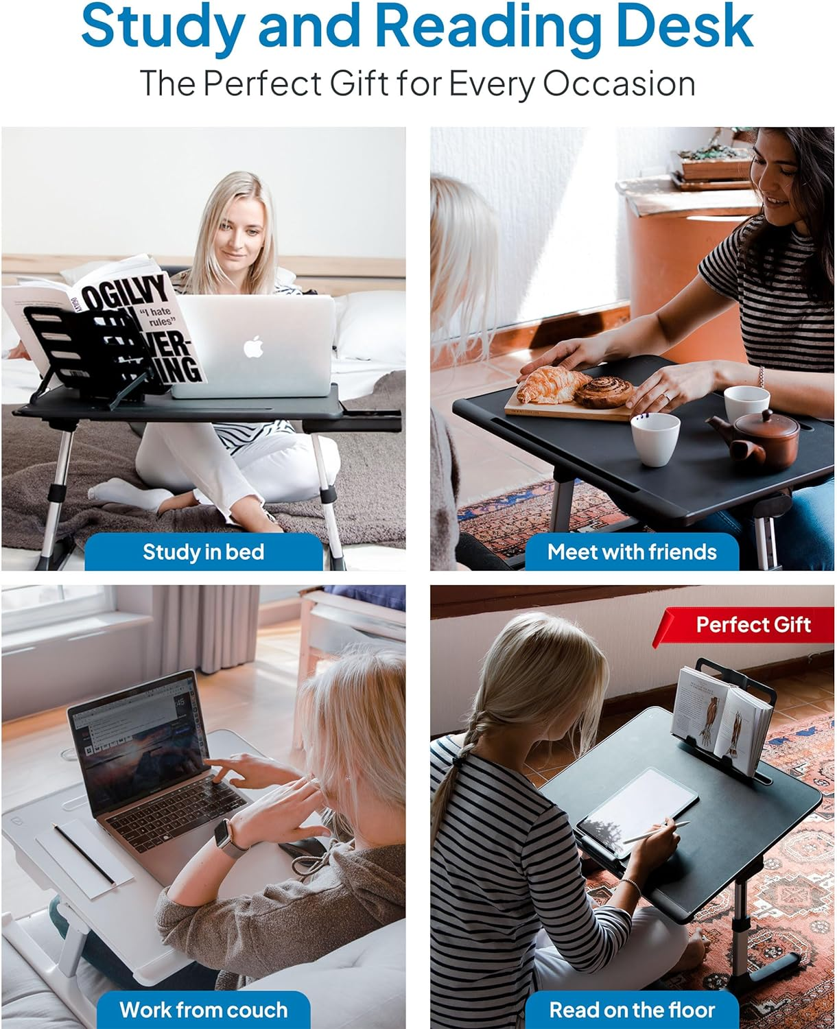 Cooper Deskpro XL 23.6" Ergonomic Adjustable Laptop Bed Desk, Laptop Bed Table | Tray for Eating, Computer, Writing, Floor, Couch | Large Lap Desk for Adults | Leather, Drawer, Book Stand (White) image number 3