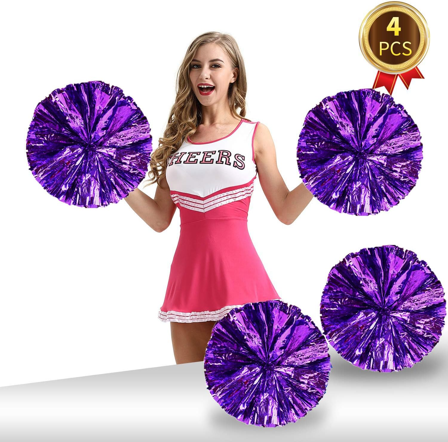Pack of 4 Cheerleading Pom Poms Foil Plastic Metallic Cheerleader Pom Poms for Cheer Sport Kids Adults Team Spirit Cheering (Purple New) image number 2