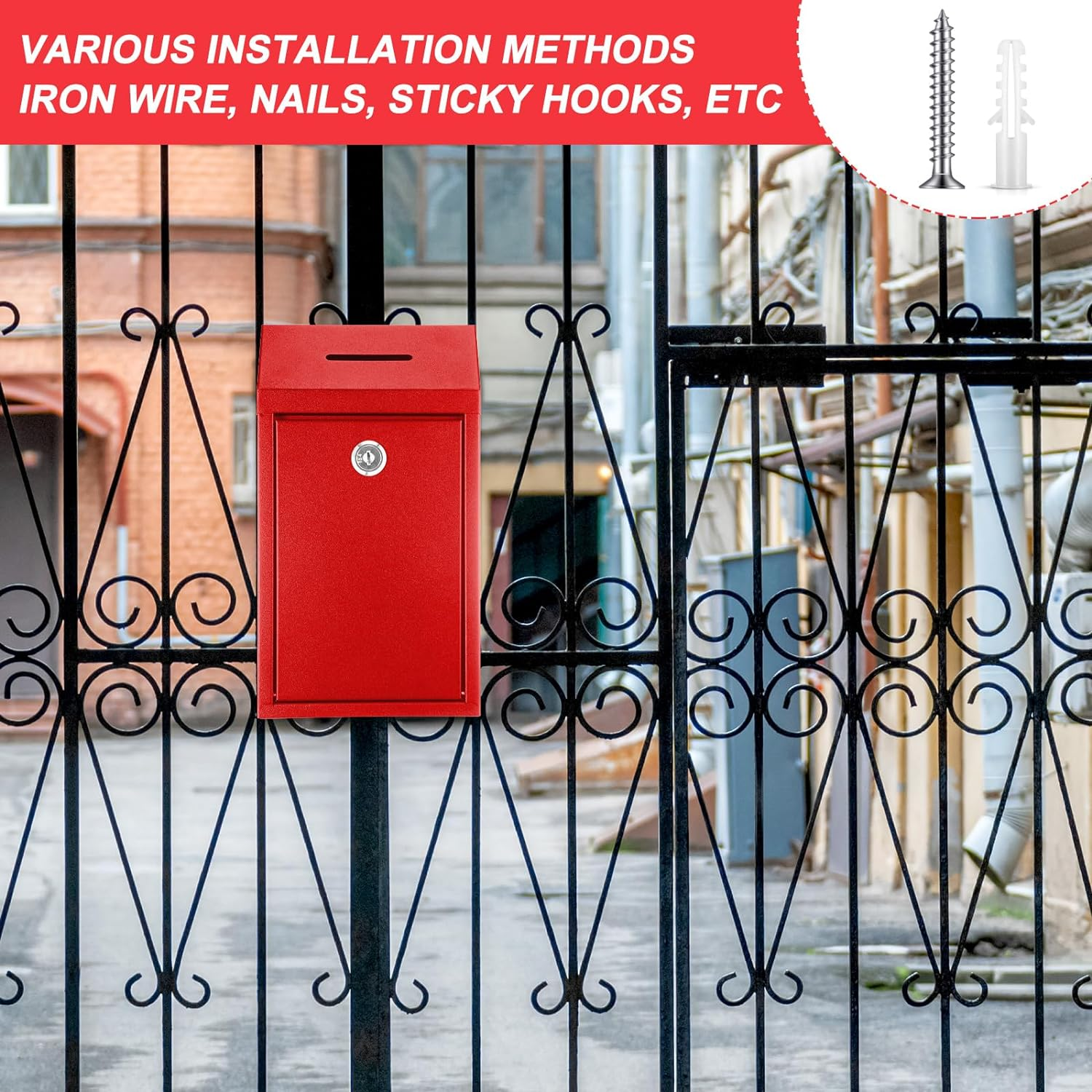 Metal Donation Cash Box Collection Safe Suggestion Box with Lock Wall Mounted Mailbox Delivery Ballot Container for Home Office Outdoor Door(Red) image number 3