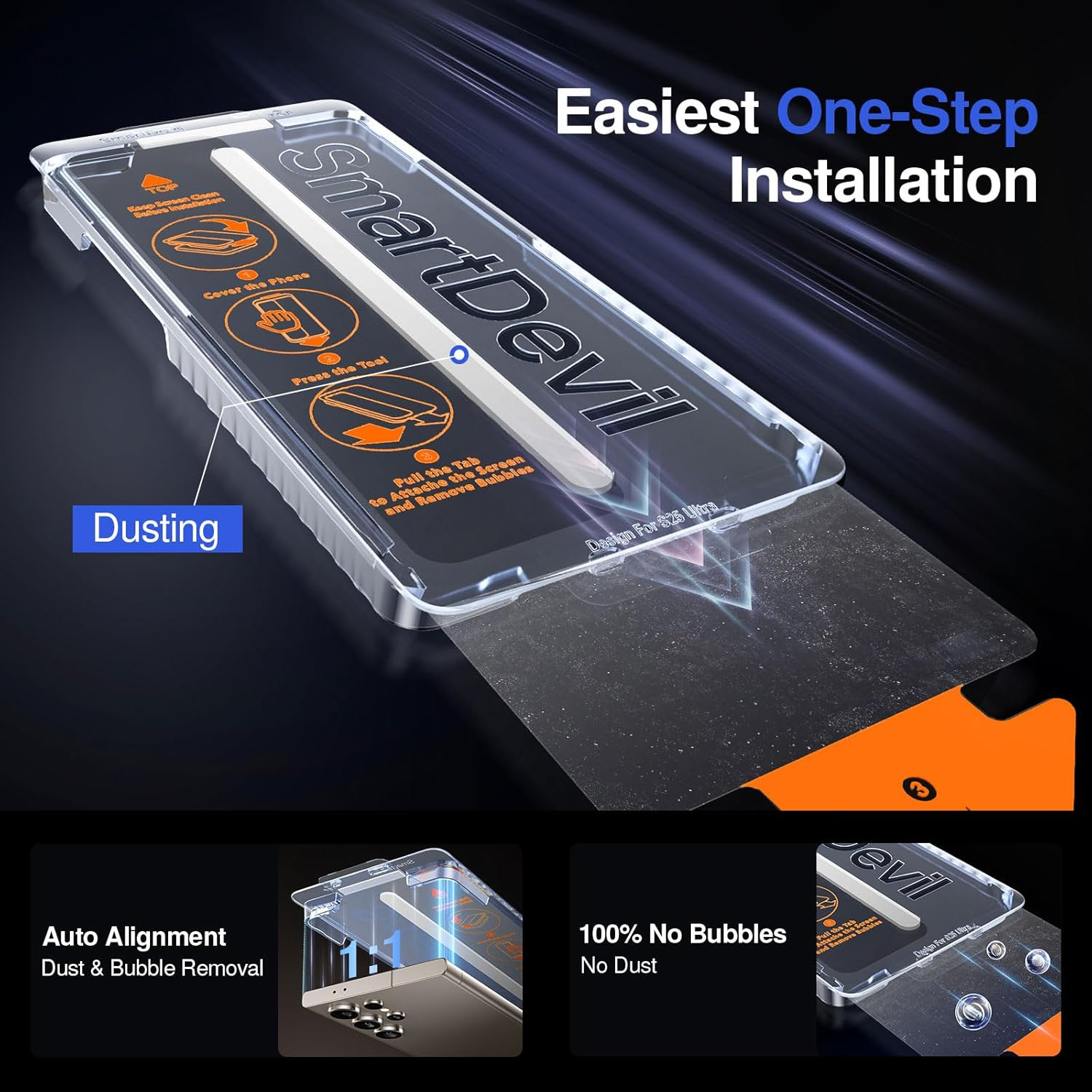 SMARTDEVIL [3 Pack] Screen Protector for Samsung Galaxy S24 Ultra (6.8 Inch), Fast & Easy Installation, Clear 9H Tempered Glass Film, Bubble-Free & Dust-Free, Support Fingerprint & Face ID Reader image number 3