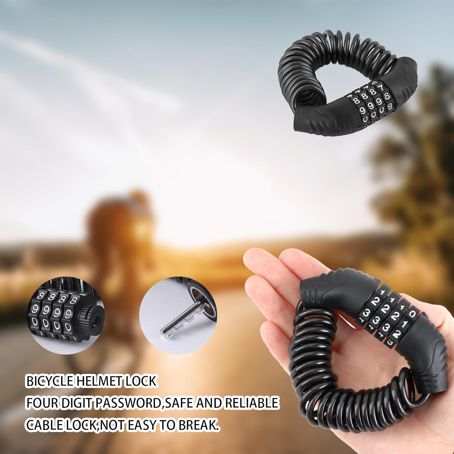 Bike Lock, 4 Digit Combination Bike Locks with 1.4M Steel Cable, Black Bicycle Lock for Cycling Equipment, Secure Lock for Motorcycle, Helmet, Stroller and Outdoor Gear image number 1