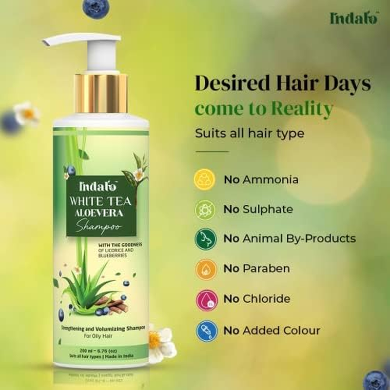 Indalo White Tea Aloevera Strengthening and Volumizing Shampoo, 200Ml, with Licorice and Blue Berries for Oily Hair, Paraben Free, Sulphate Free, for Men and Women