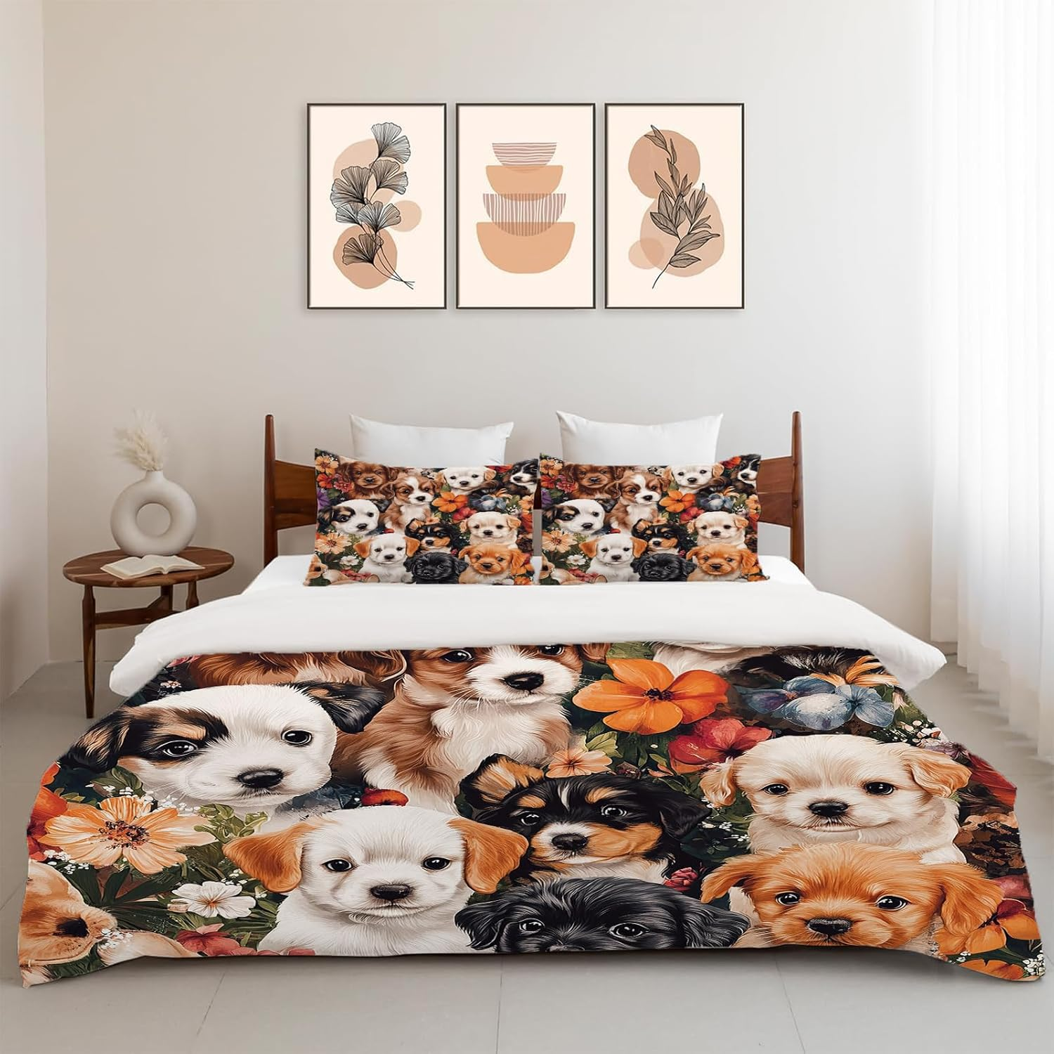 Wosabee Dog Bedding Set Dog Flower Comforter Set Cover Full Size Labrador Retriever Duvet Cover with 2 Pillow Cases for Kids and Adults Soft Quilt Cover for Bedroom Bed Decoration image number 1