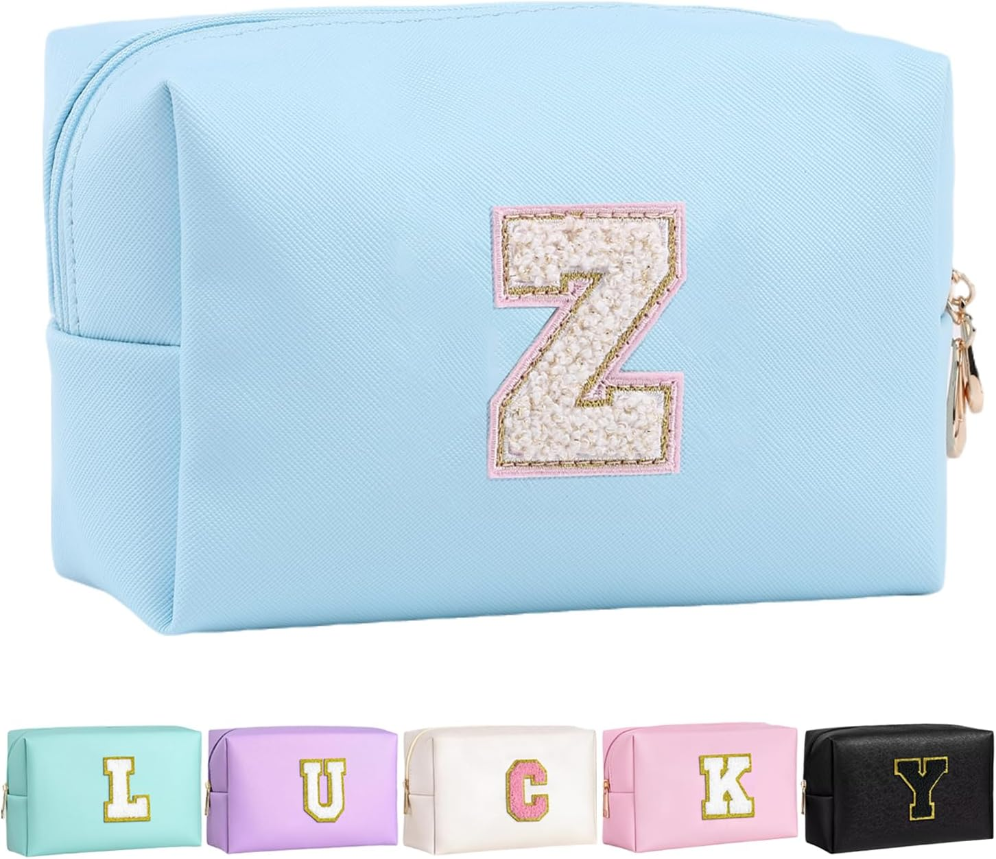 Personalized Initial Makeup Bag Cute Makeup Bag Chenille Letter Waterproof Zipper Cosmetic Bags for Women, Preppy Makeup Pouch Travel Toiletry Bag Organizer Birthday Gift for Girls, Beige-Pink, N