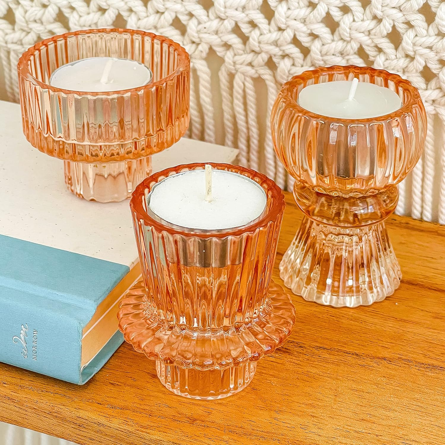 Kate Aspen Vintage Ribbed Rose Gold Pink Glass Candlestick Holders, Pillar Candle, Tealight & Votive Candle Holders (Set of 6, 3 Assorted Sizes), Dining Table Decor, Shelf Decor, Centerpiece
