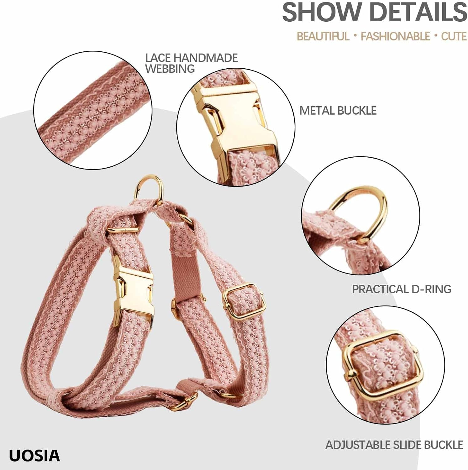 UOSIA Girl Dog Collar Harness & Leash Set Luxury Lace Dog Collar White Wedding Dog Collar with Flower Adjustable Pet Vest Harness for Small Medium Large Dogs image number 6