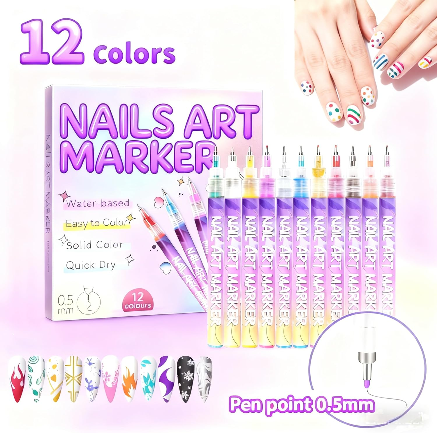 Nail Art Pens & Nail Art Markers Set, 12 Color Professional Fine Tip Nail Polish Pens for 3D Designs, DIY Nail Art Kit for Beginners & Kids image number 5