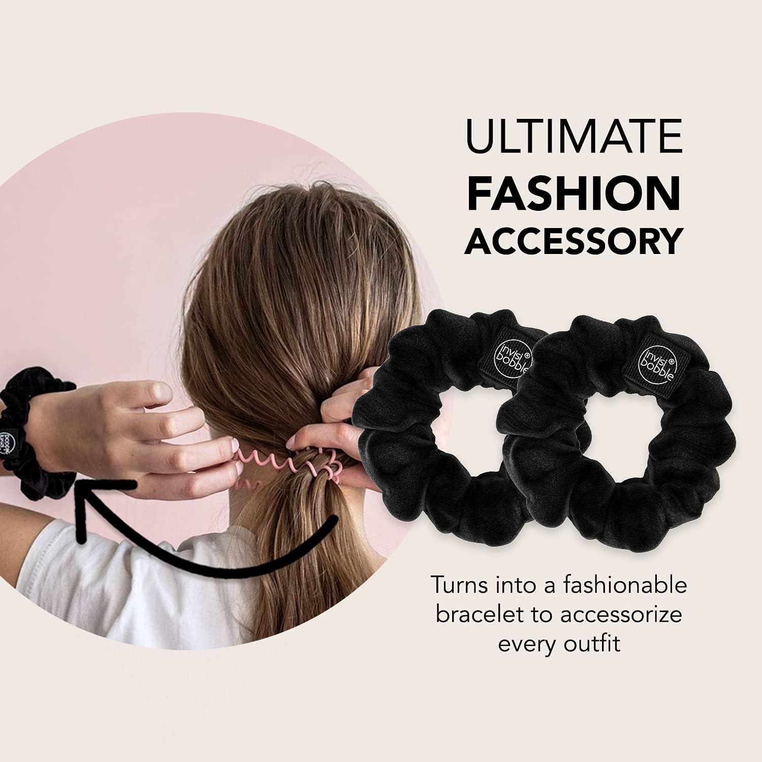 Invisibobble Sprunchie Spiral Hair Ring - True Black- 2 Pack - Scrunchie Stylish Bracelet, Strong Elastic Grip Coil Accessories for Women - Gentle for Girls Teens and Thick Hair