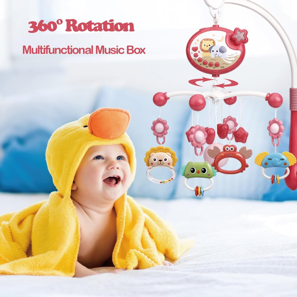 Baby Crib Mobile with Remote Control, Star Projector Timing Function, Musical Mobile for Bed with Light and Melodies, Hanging Rotating Rattles Toys for Newborns(Red) - Blue image number 4