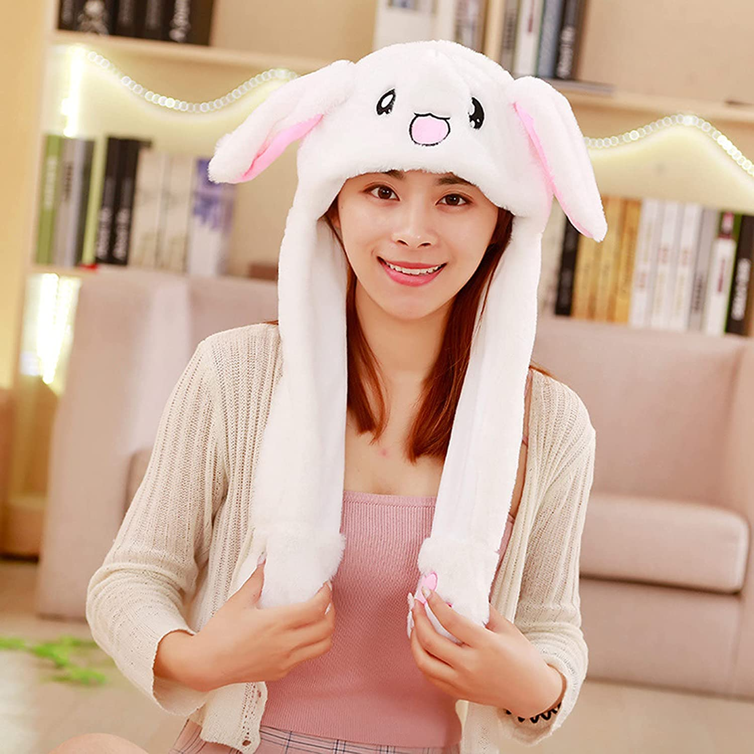 Funny Bunny Hat Ear Moving Jumping Rabbit Hats, MH MOIHSING Dancing Ear Hat Cute Animal Ear Flap Plush Hat Cap with Paws for Women Girls, Cosplay Christmas Party Holiday Hats (White) image number 3