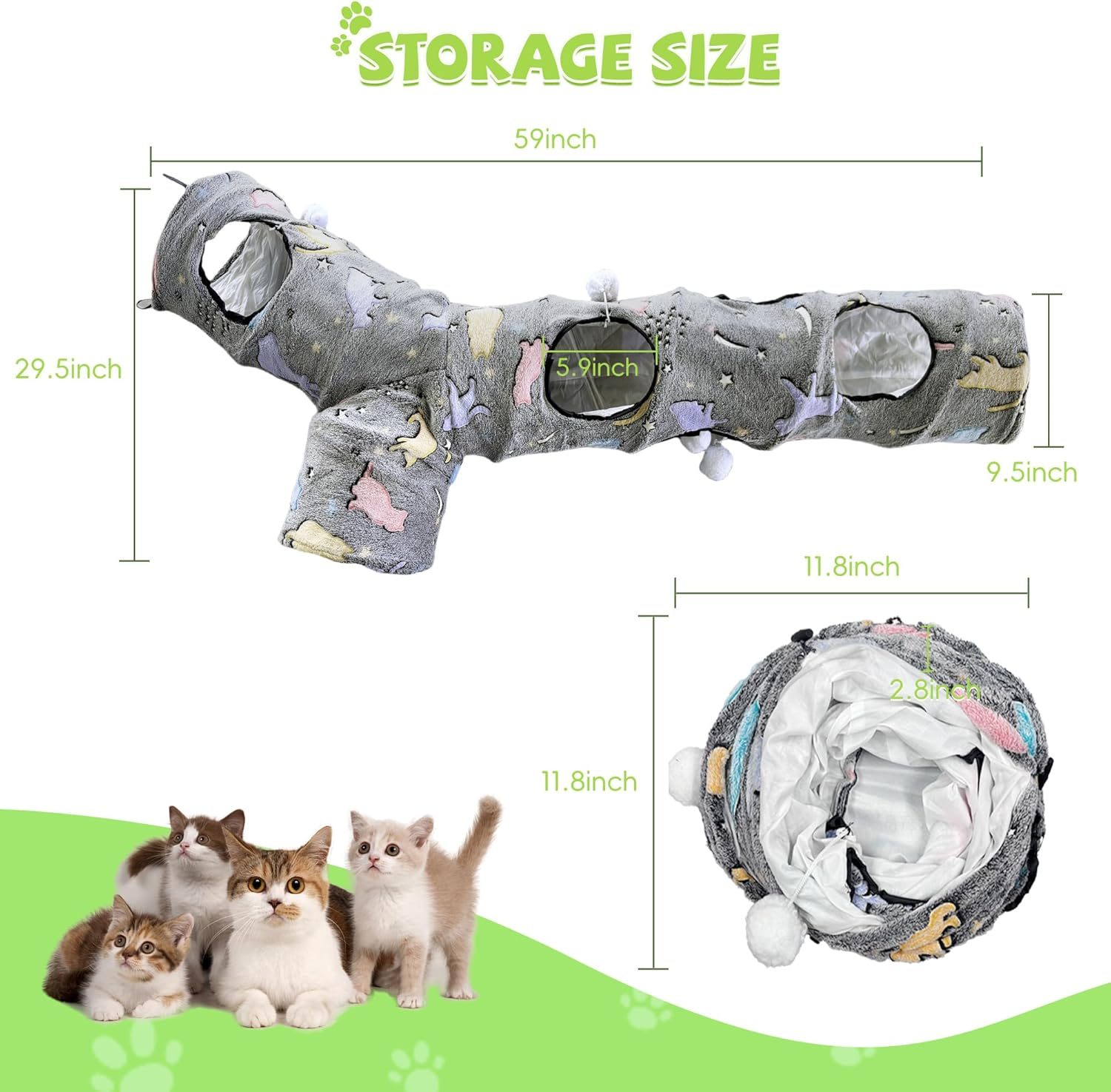 GRETMIX Cat Tunnels for Indoor Cats, Self-Luminous Cat Tunnel with Plush Ball, 3 Way Kitten Tunnel Collapsible, Cat Play Tunnel with Interactive Peephole for Large Cat, Puppy, Kitten image number 4