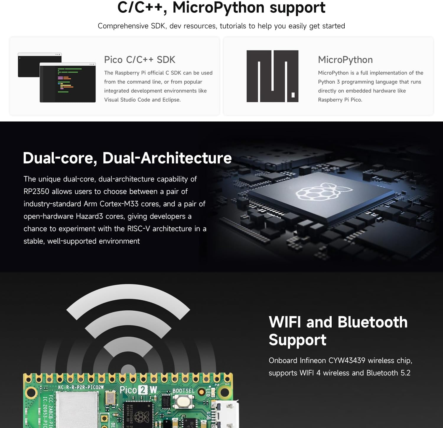 Waveshare Raspberry-Pi-Pico-2-W-M, Compatible with Raspberry Pi Pico 2 Microcontroller Board, Based on Official RP2350 Chip, Dual-Core & Dual-Architecture Design, 3 Items image number 3