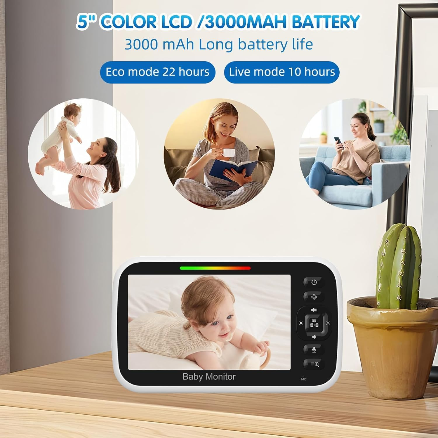 Baby Monitor with Camera and Audio, 5" LCD Display Portable Baby Camera Monitor No Wifi with Remote PTZ, Night Vision, 2-Way Talk, TEM & Humi Sensor, 4000Mah Battery, Lullabies, 1000Ft Range image number 2