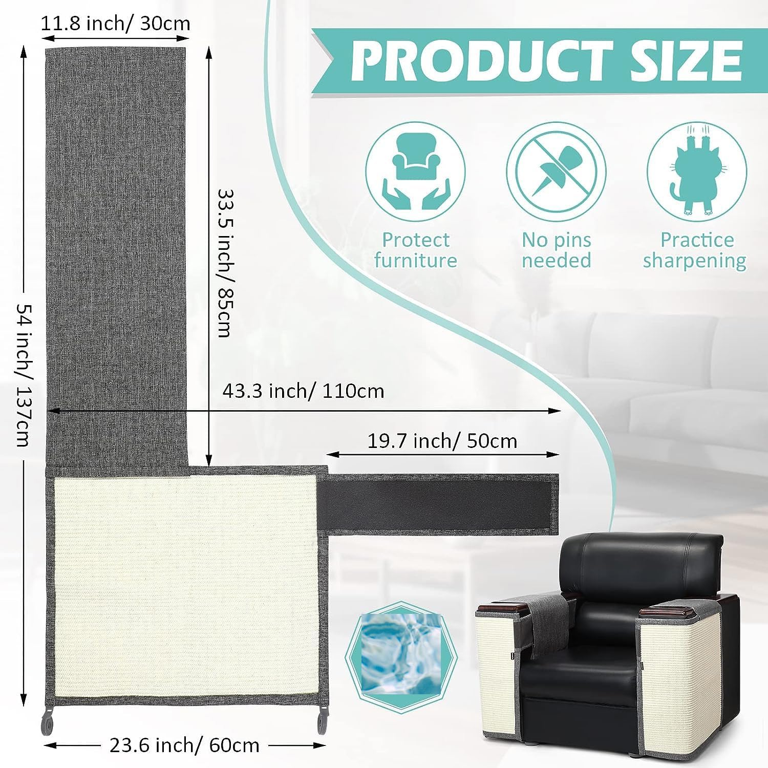 CULOTOL anti Cat Scratch Furniture Protectors, Sisal Cat Scratcher, Cat Couch Corner Sided Sofa anti Scratching & Cat Training, for Protecting Couch Sofa Chair Furniture (Dark Gray, Right Armrest) image number 3