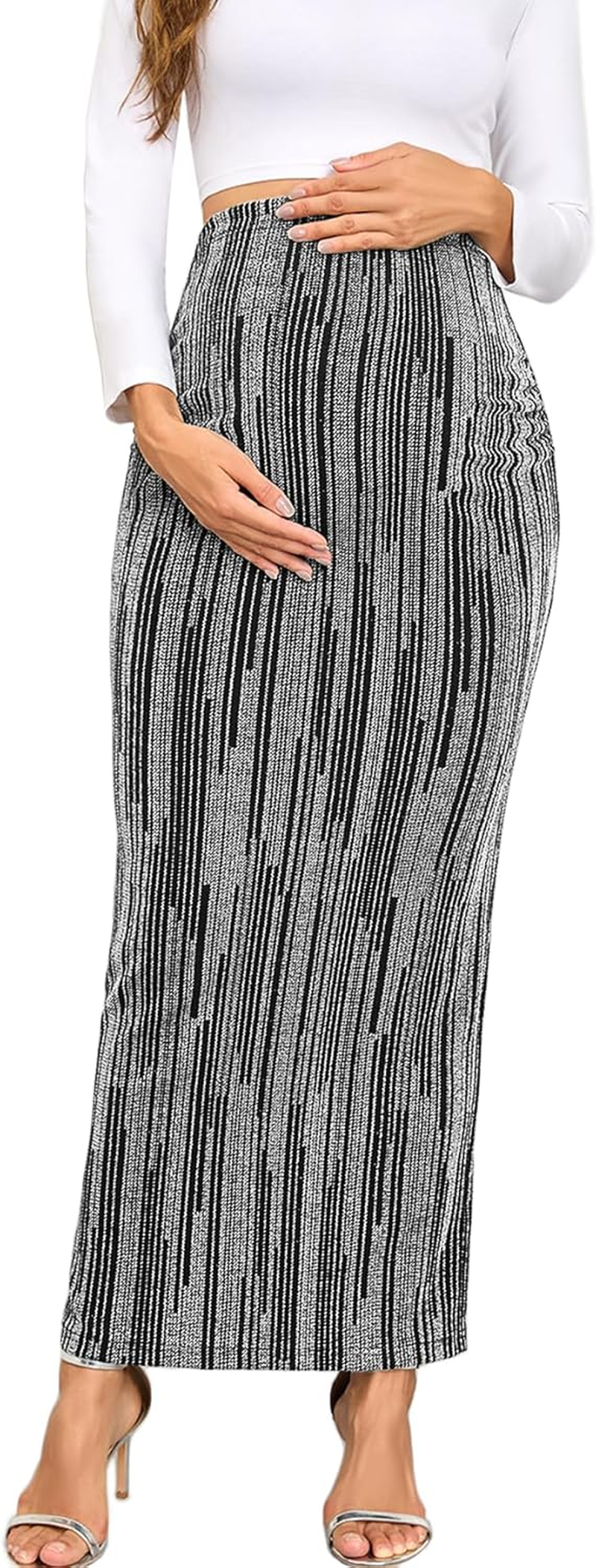 Maternity Sparkly Adjustable Waist Maxi Skirt over the Belly Stretchy Pregnancy Long Pencil Skirts image number 6