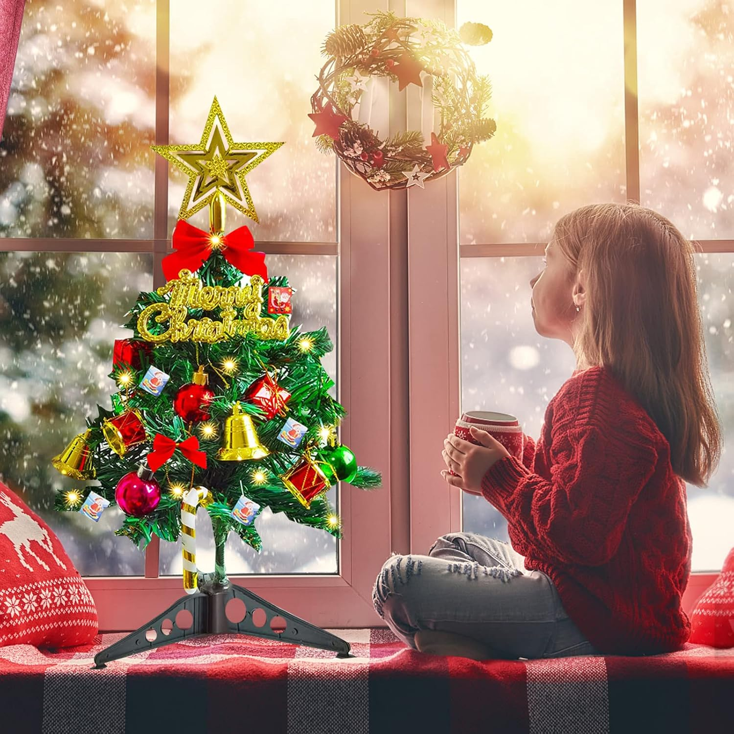 Mini Christmas Tree, 23.6Inch Artificial Tabletop Christmas Tree Ball Ornaments Led String Light for Home Office Shop Desktop Xmas Party Decoration