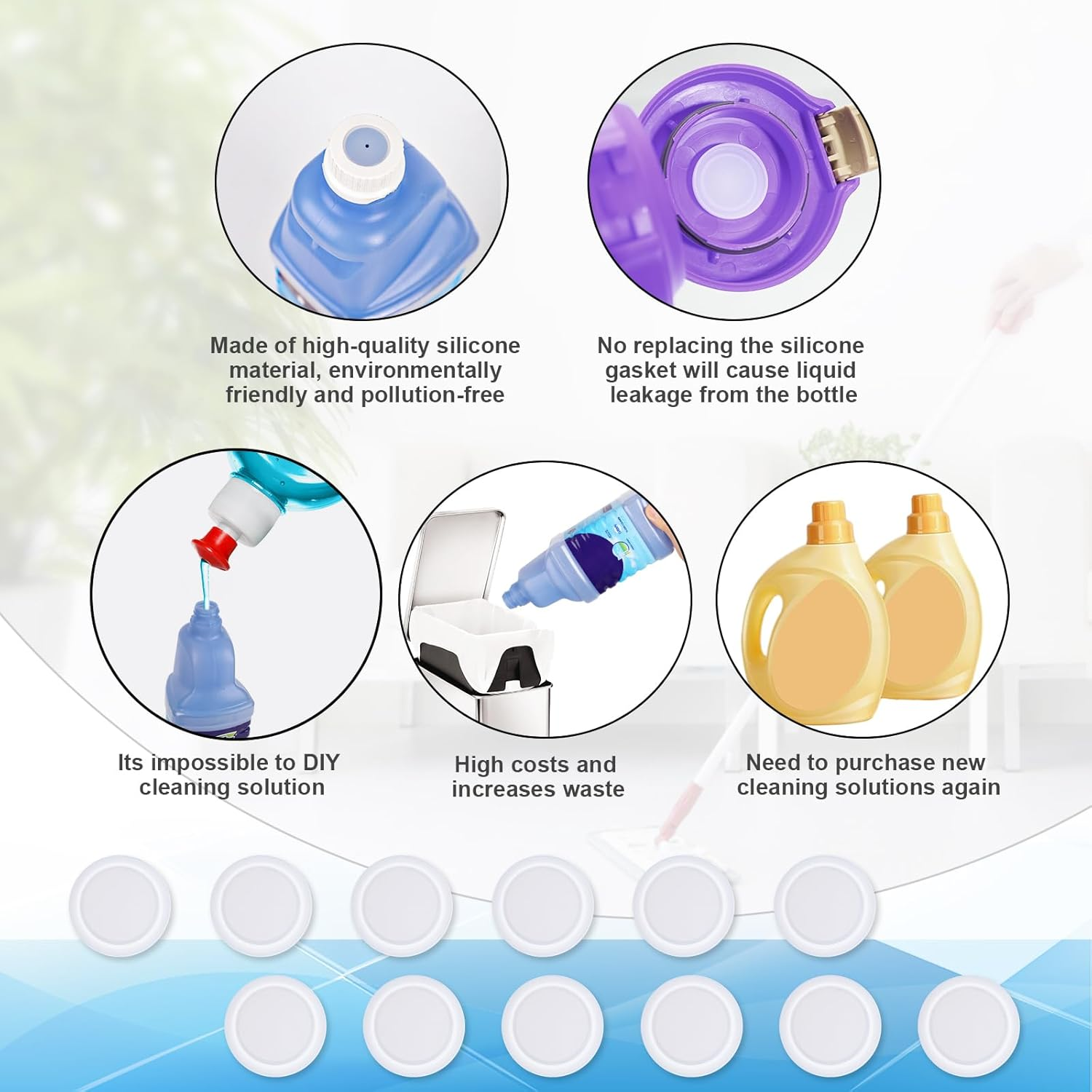12Pcs Refillable Bottle Cap Silicone Gasket for Swiffer Wet Jet Mop Cleaning Solution, DIY Reusable Bottle Refill Container Leakproof Household Cleaning Supplies image number 1
