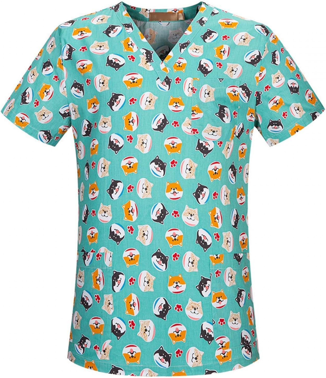 UGPLM Nurse Workwear Nursing Uniform V Neck Scrub Top Summer Work Clothing Soft Simple to Clean for SPA Cosmetology Short Sleeves, Dog Pattern, M