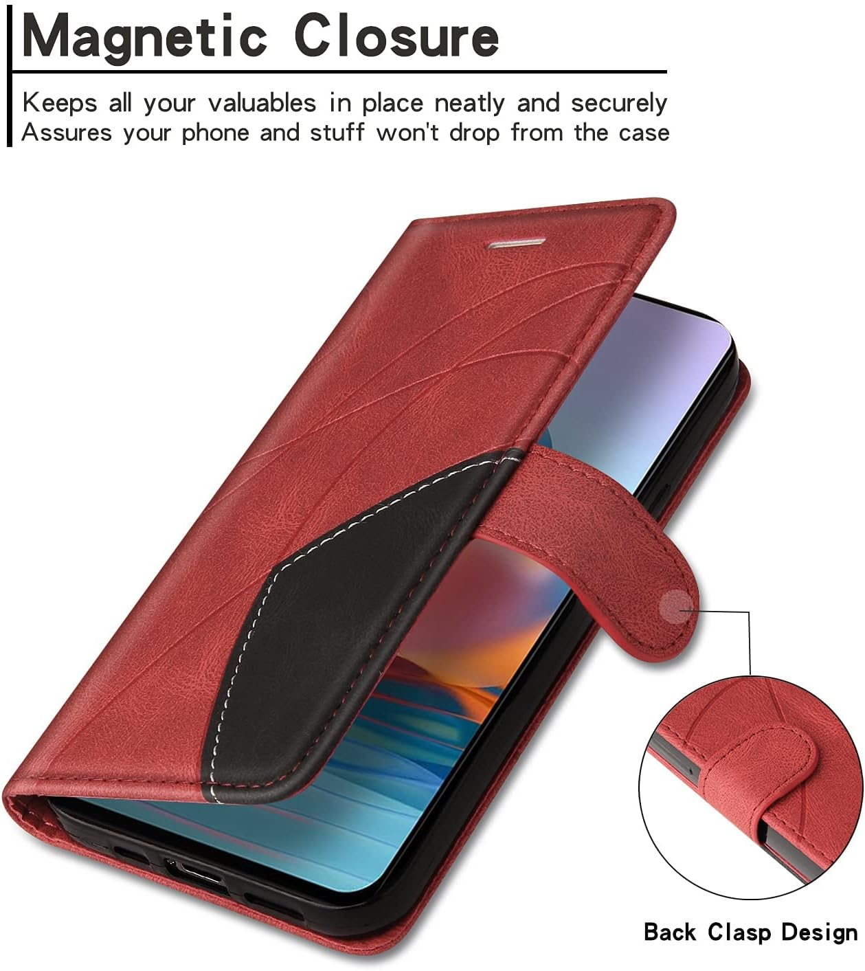 XINNI Protective Phone Case for Xiaomi 14T, PU/TPU Vintage Flip Leather Shockproof Cover Magnetic Book Style Wallet, Red image number 5