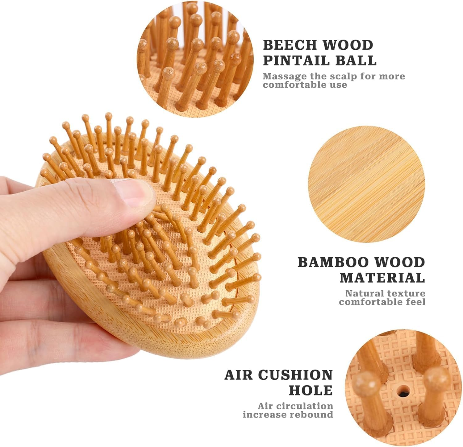 Natural Bamboo Paddle Hair Brush, 2Pcs Bamboo Paddle Hairbrushes,No Handle Scalp Care Styling Comb,Wooden Air Cushion Comb for Massaging Scalp image number 4