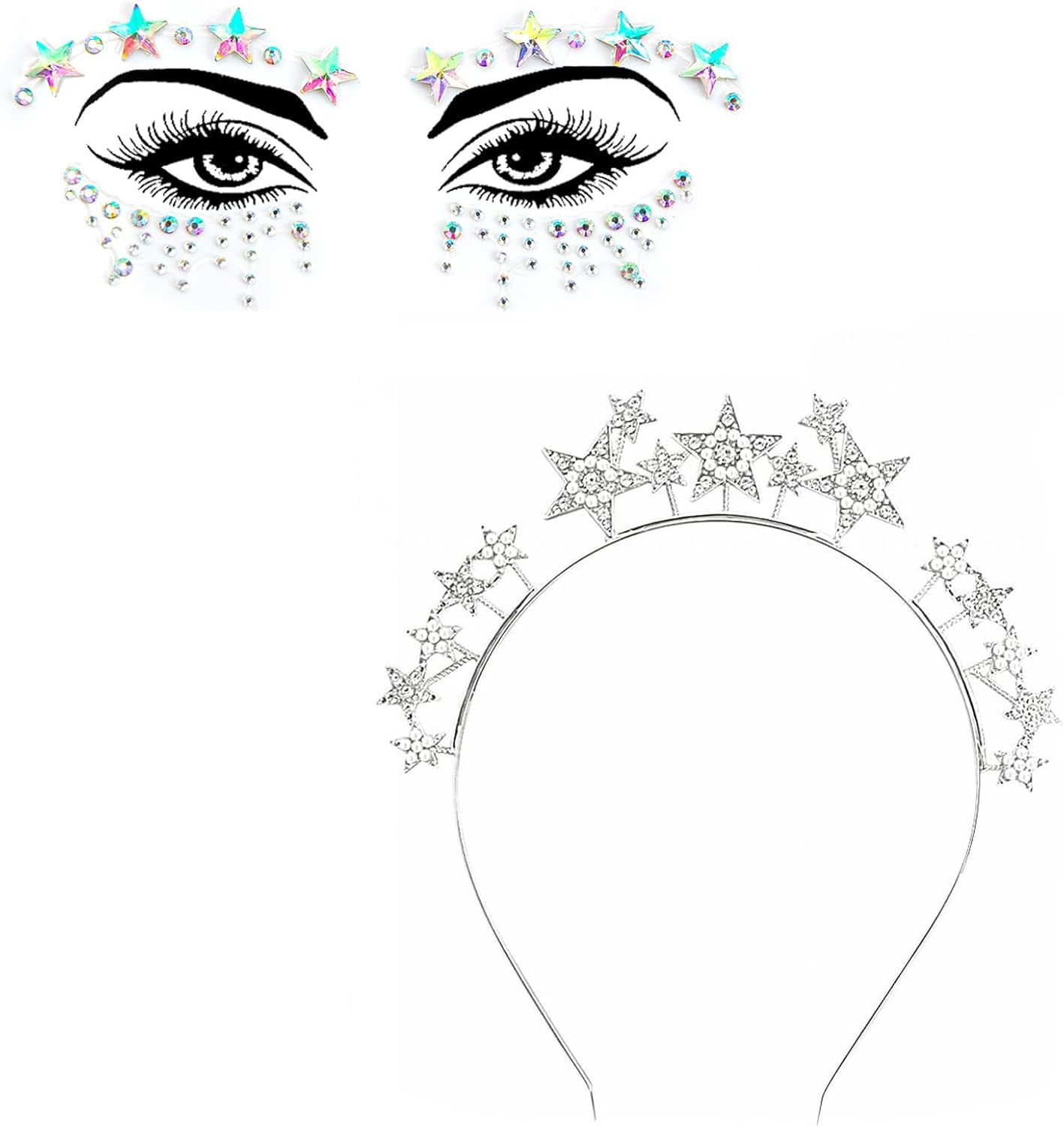Yeenao Stars Headband Silver Stars Headband Rhinestone Hair Band Face Tattoo Carnival Halloween Birthday Party Costume Headband Glitter Hair Accessories for Women Girls image number 3