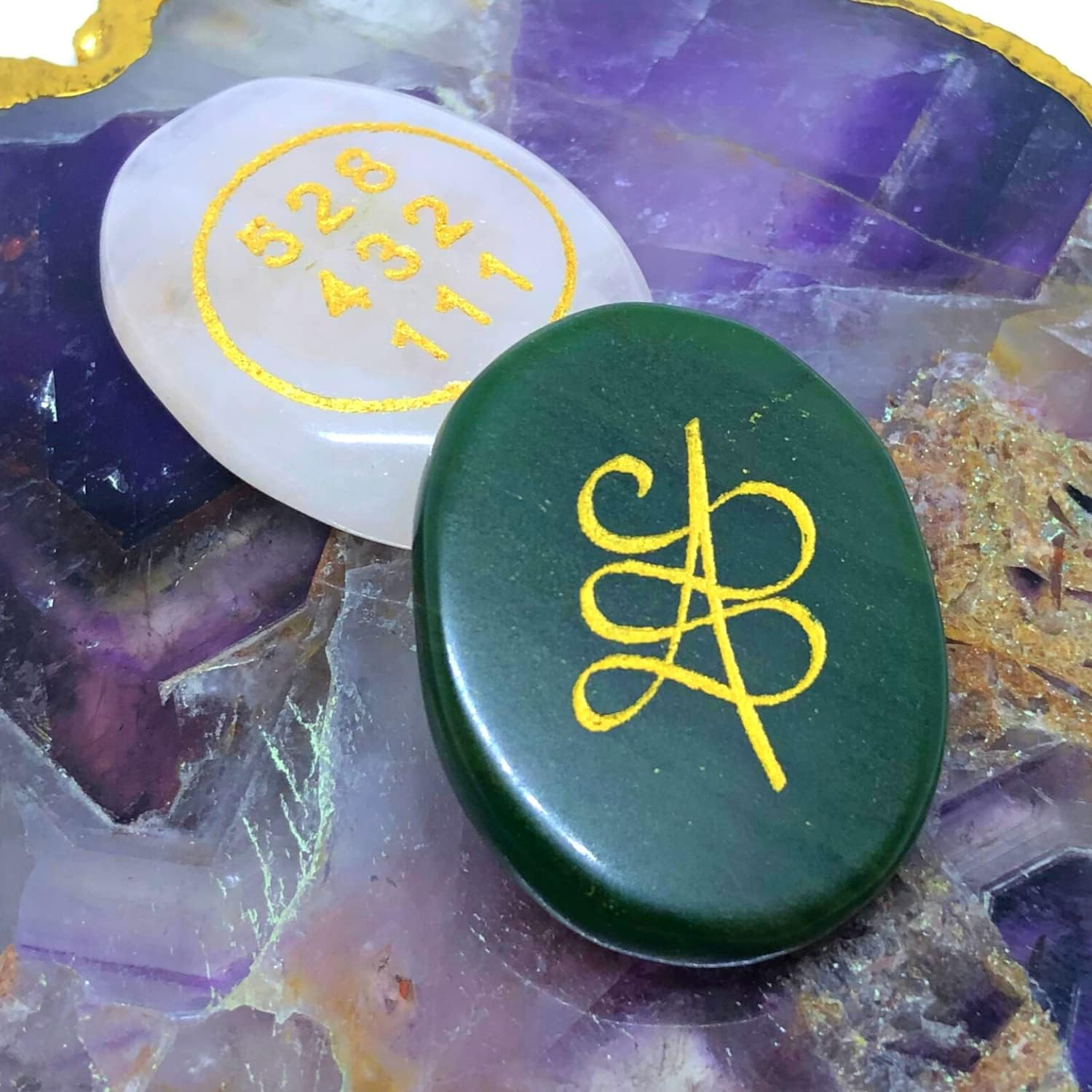 Combo of Green Jade and Rose Quartz Stone Zibu Coin - Pre-Energized Money Switch Word and Zibu Symbol Angelic Number Oval Stones Coin - Golden Engraving - Anxiety Stone - Worry Stone - Palm Size image number 6