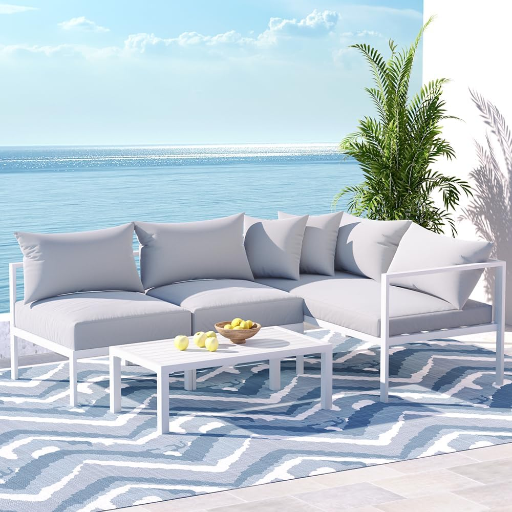 Gardeon 4 Seater Outdoor Patio Furniture Set, Aluminum Outdoor Table and Chairs Patio Conversation Sets, 4 Piece Modular Sofa Set for Garden, Deck, Poolside, Backyard, White image number 4