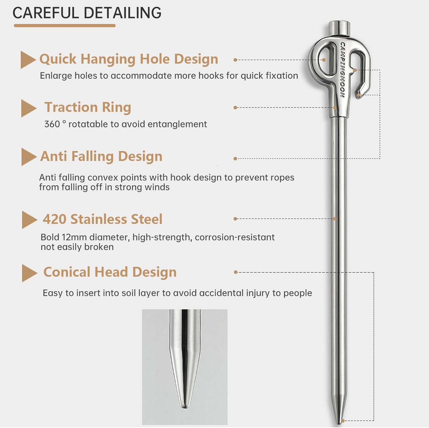 Stainless Steel Dog Tie Out Stake 360&deg; Swivel Heavy Duty Strongest Dog Ground Anchor Spike Camp Nails Camping Accessories for Tie-Out Cable Chain 30CM - 11.8Inch image number 3
