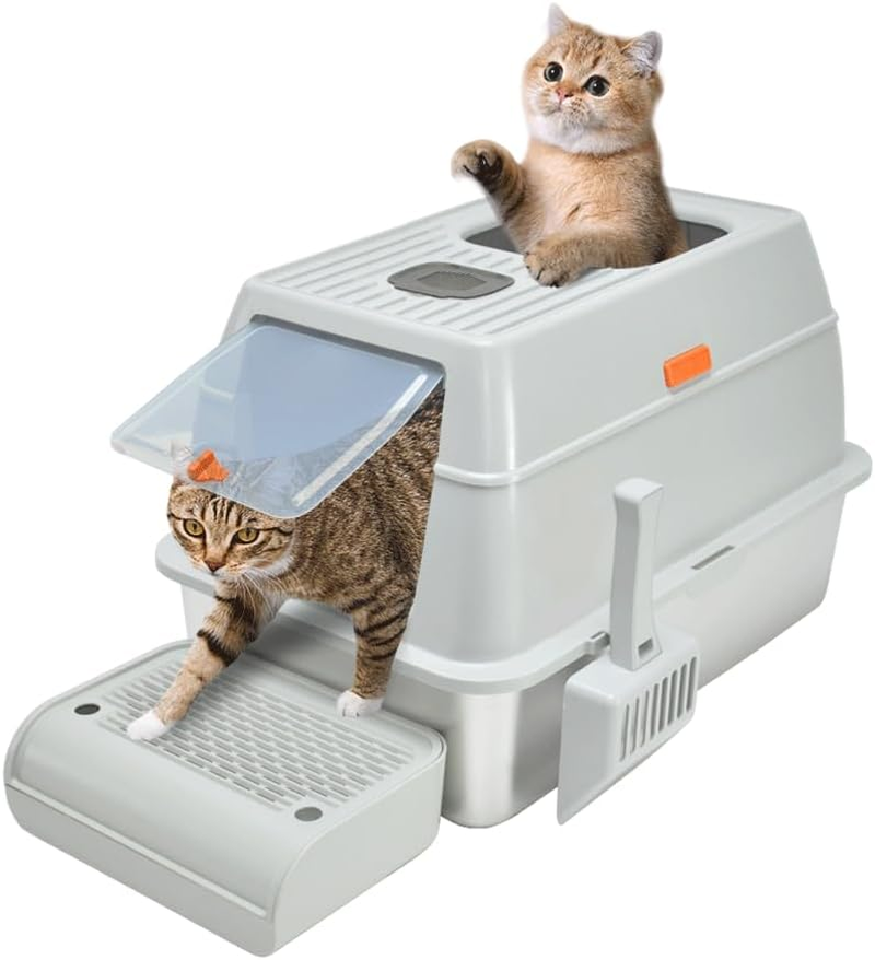 20L Cat Litter Box Large Stainless Steel Litter Box, Anti-Leak Enclosed Cat Litter Box Detachable Kitty Litter Tray with ABS Lid High Sides Scoop and Ramp Easy Cleaning Light Grey image number 1