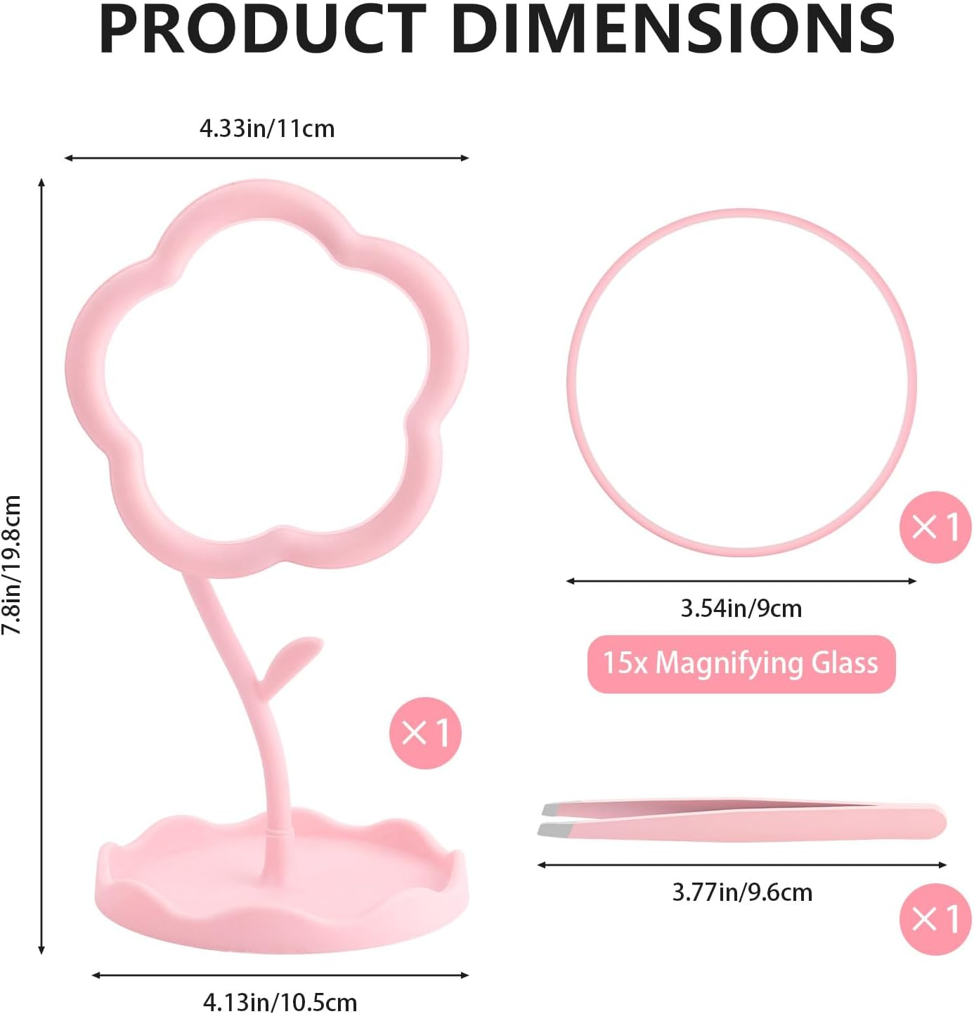 Roucerlin 9 Cm Flower-Shaped Makeup Mirror with Stand Set, 15 X Magnifying Mirror with Suction Cup and Tweezers, Table Mirror Pink for Bedroom, Living Room and Bathroom (Pack of 3) image number 6