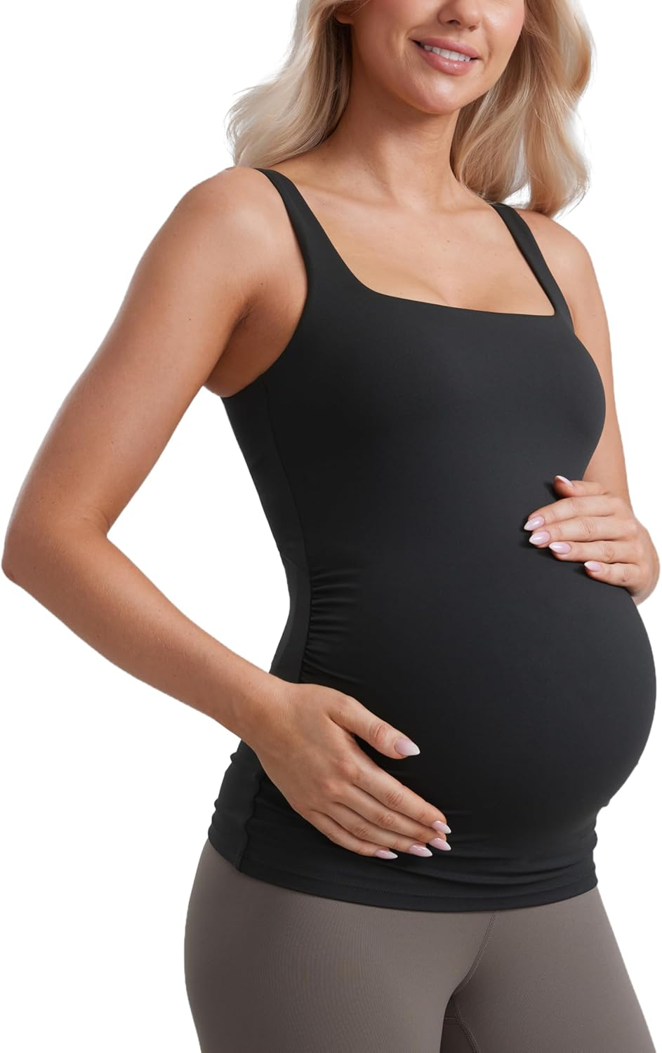 CRZ YOGA Butterluxe Womens Square Neck Maternity Tank Tops Ruched Sleeveless Pregnancy Yoga Tee Shirt with Built in Bra